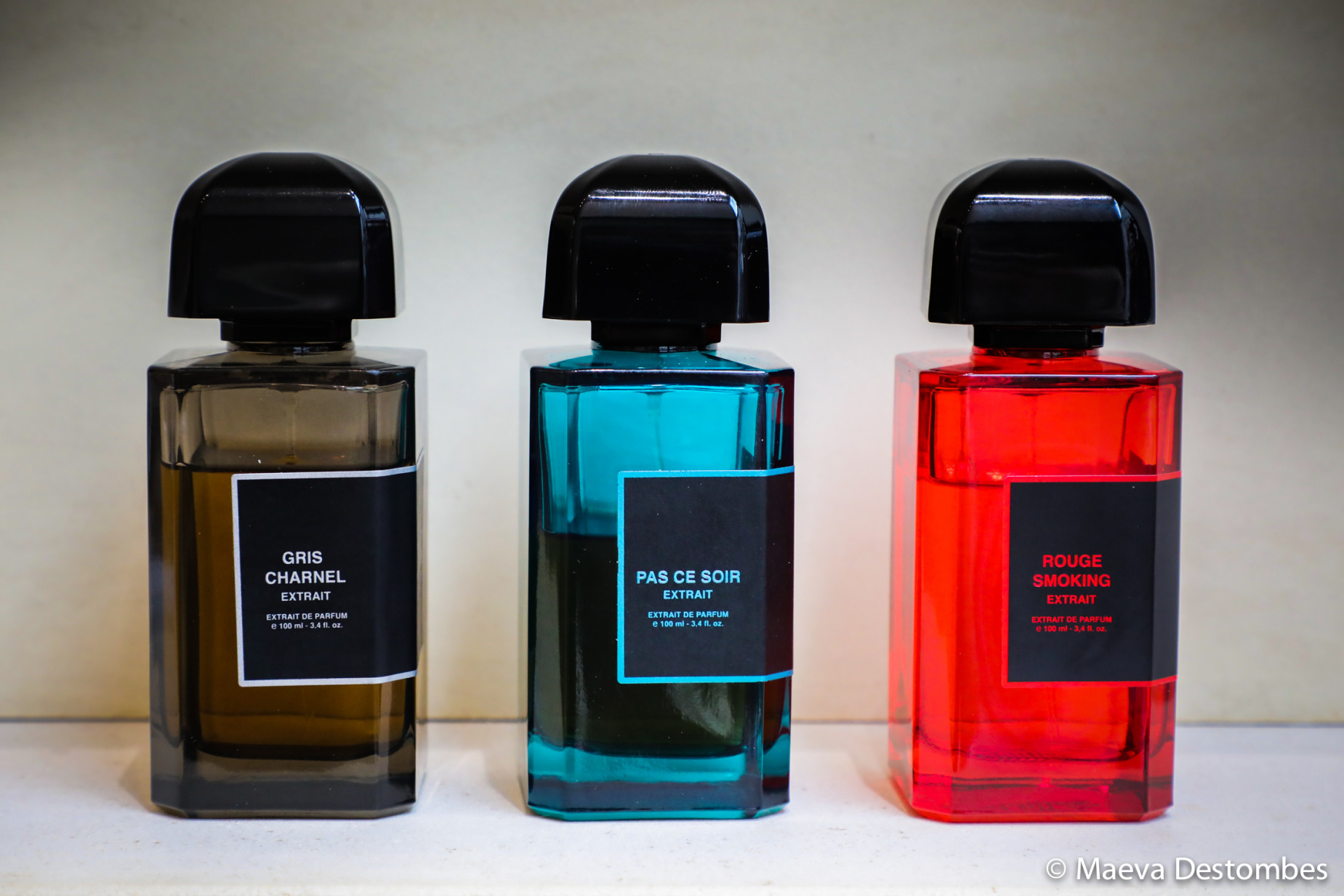 The three best-selling fragrances from the BDK perfume brand reworked as an extract: Gris Charnel Extrait, Pas Ce Soir Extrait, Rouge Smoking Extrait in Paris, France, on November 6, 2024.<br />Les trois parfums best-sellers de la marque de parfumerie BDK retravaillés en extrait : Gris Charnel Extrait, Pas Ce Soir Extrait, Rouge Smoking Extrait à Paris, France, le 6 novembre 2024.