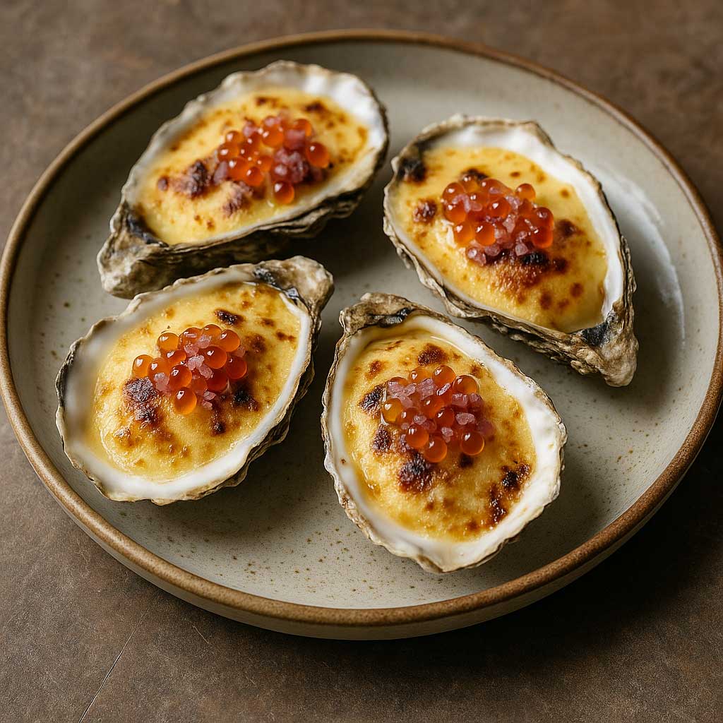 Huîtres gratinées à l’Entre-Deux-Mers et œufs de truite